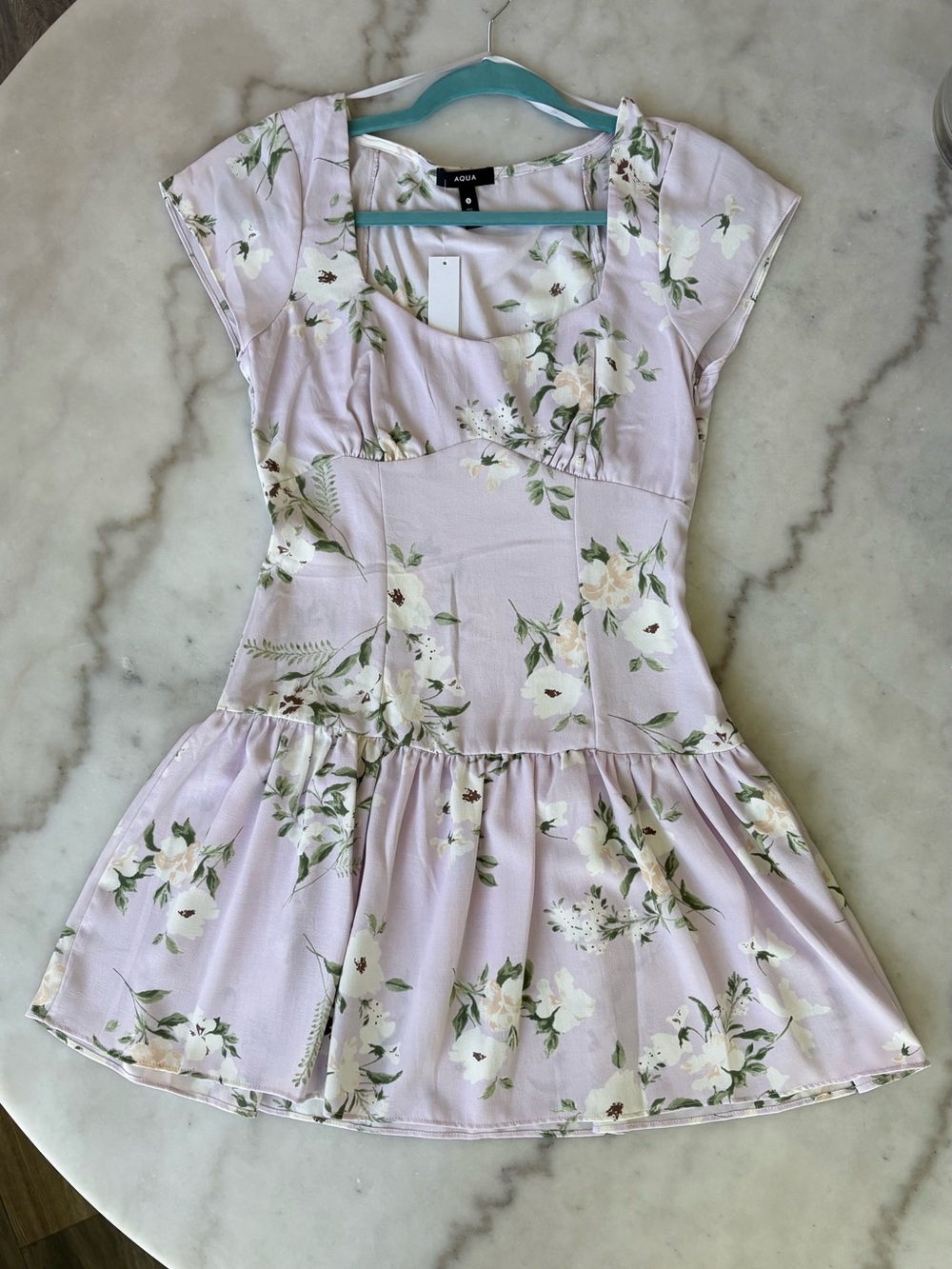 Aqua Pastel Lilac Floral Peplum Dress with Cream Blooms New With Tags S